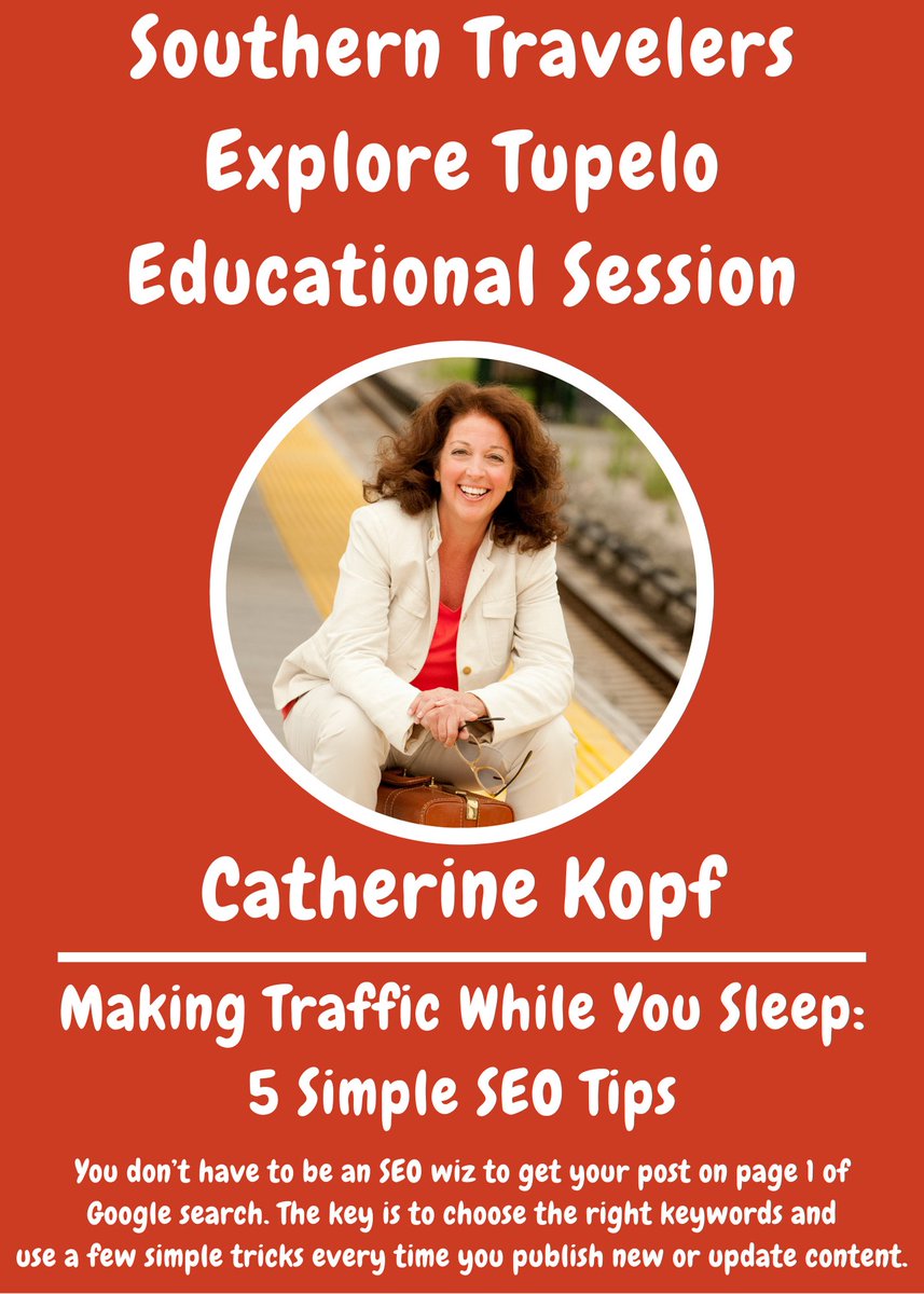 Southern Travelers Explore (@stravelersexp) on Twitter photo We are thrilled to announce our first #STETupelo Educational Session!
Catherine Kopf (<a href="/theopensuitcase/">Cathy Bennett Kopf</a>) will teach 5 simple SEO tips to help your content show up on the first page of Google Search.
#Travel #SEO #TipTuesday #TravelTuesday We are thrilled to announce our first #STETupelo Educational Session!
Catherine Kopf (<a href="/theopensuitcase/">Cathy Bennett Kopf</a>) will teach 5 simple SEO tips to help your content show up on the first page of Google Search.
#Travel #SEO #TipTuesday #TravelTuesday