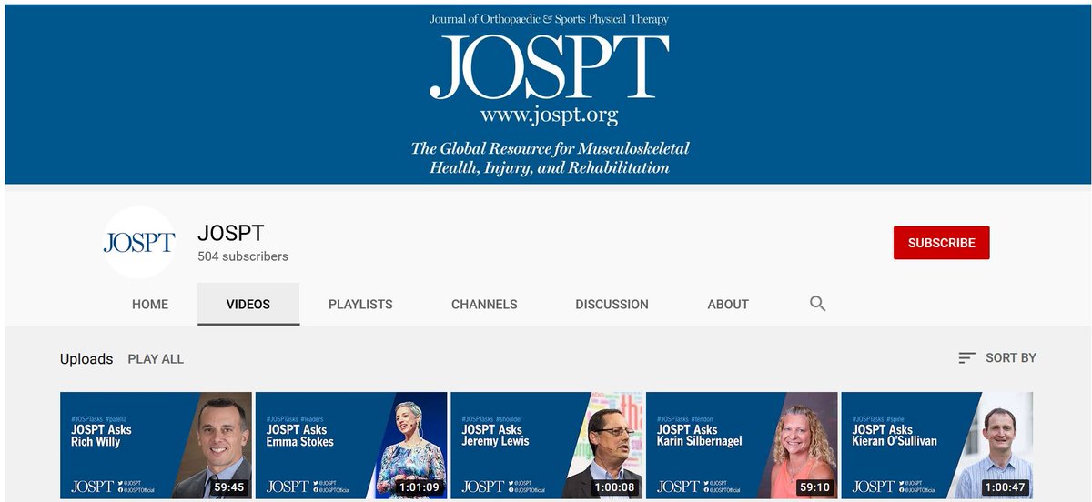 JOSPT's tweet image. Don't forget - @JOSPT has a YouTube page

ow.ly/X7FZ50C9lfQ

Look at that fantastic line-up just on the top line!

We're still adding our #JOSPTasks videos but give us a follow and you'll be notified as we add more content 👍

#yourJOSPT #education #clinicalpearls #globalPT