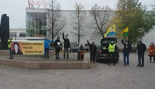 In  #Helsinki, Finland comrades were holding a manifestation and dancing in the streets.The banner says: freedom for  #Rojava and togheter against fascism #RiseUpAgainstFascism #RiseUp4Rojava #WorldKobaneDay