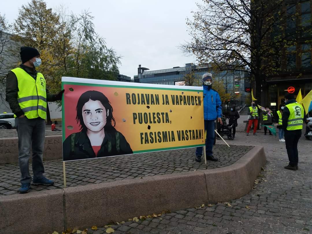 In  #Helsinki, Finland comrades were holding a manifestation and dancing in the streets.The banner says: freedom for  #Rojava and togheter against fascism #RiseUpAgainstFascism #RiseUp4Rojava #WorldKobaneDay