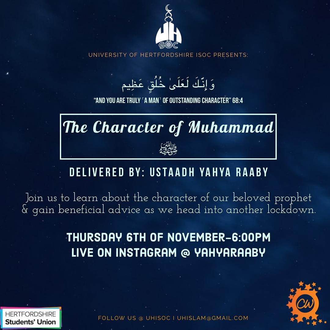 uhisoc's tweet photo. السلام عليکم ورحمة الله وبرکاته

Alhamdullilah we are pleased to announce the start of charity week. Join us on Thursday at 6pm on instagram live (@yahyaraaby) for a beneficial lesson on the Prophet Muhammad ﷺ character and also some tips for the 2nd lockdown from Ustaadh Yahya https://t.co/j8mX8cVkN5