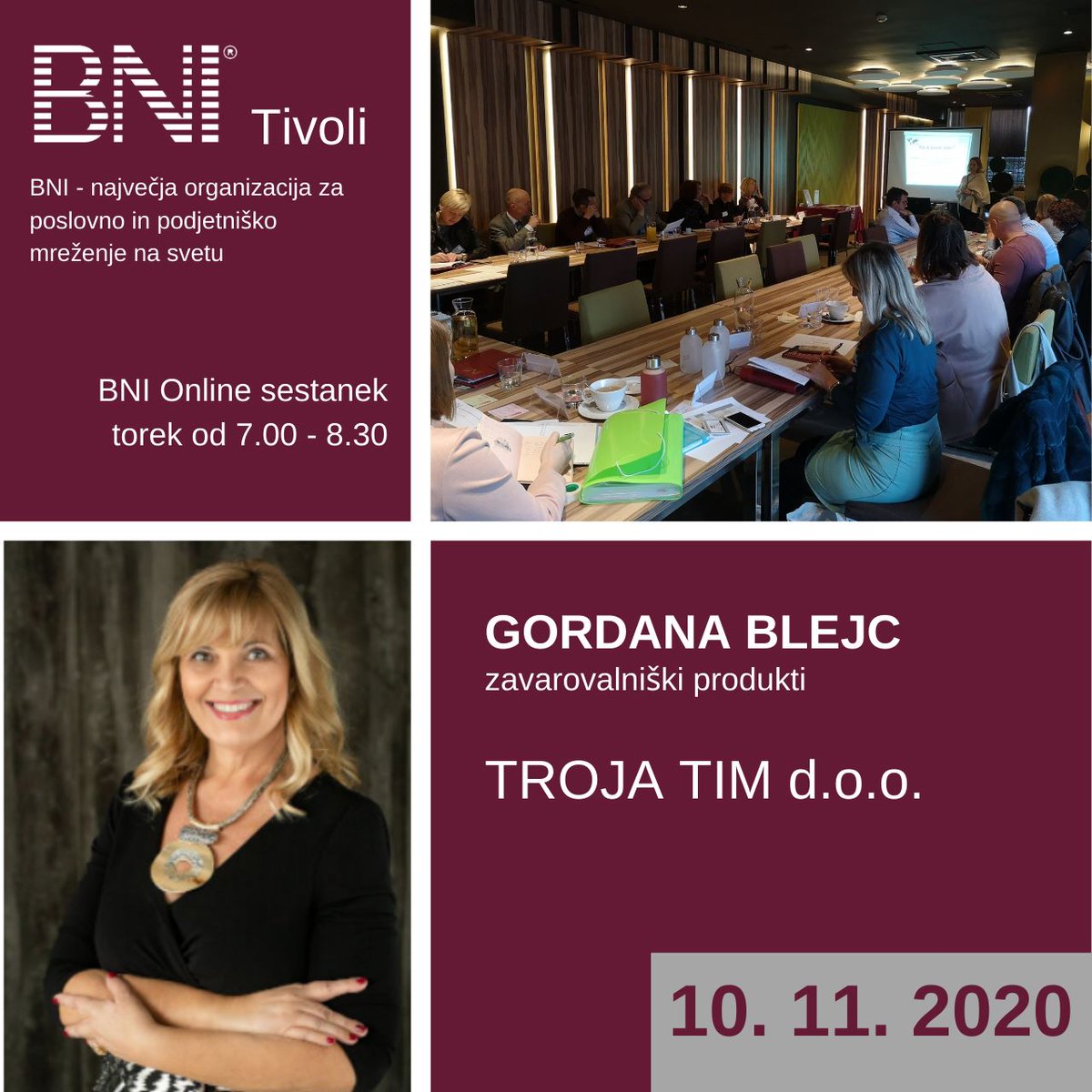 TrojaTim's tweet image. Naša direktorica Gordana bo 10.11.2020 govornica tedna na srečanju skupine @BNITivoli preko BNI online

Več info:
bni-slovenia.com/sl/index

Brez skrbi, saj smo z vami mi 👍🏼💪🏼
#DobriPunciZavarovalništva #TrojaTim #ekipaDobrihPuncZavarovalništva #TimDobrihPuncZavarovalništva