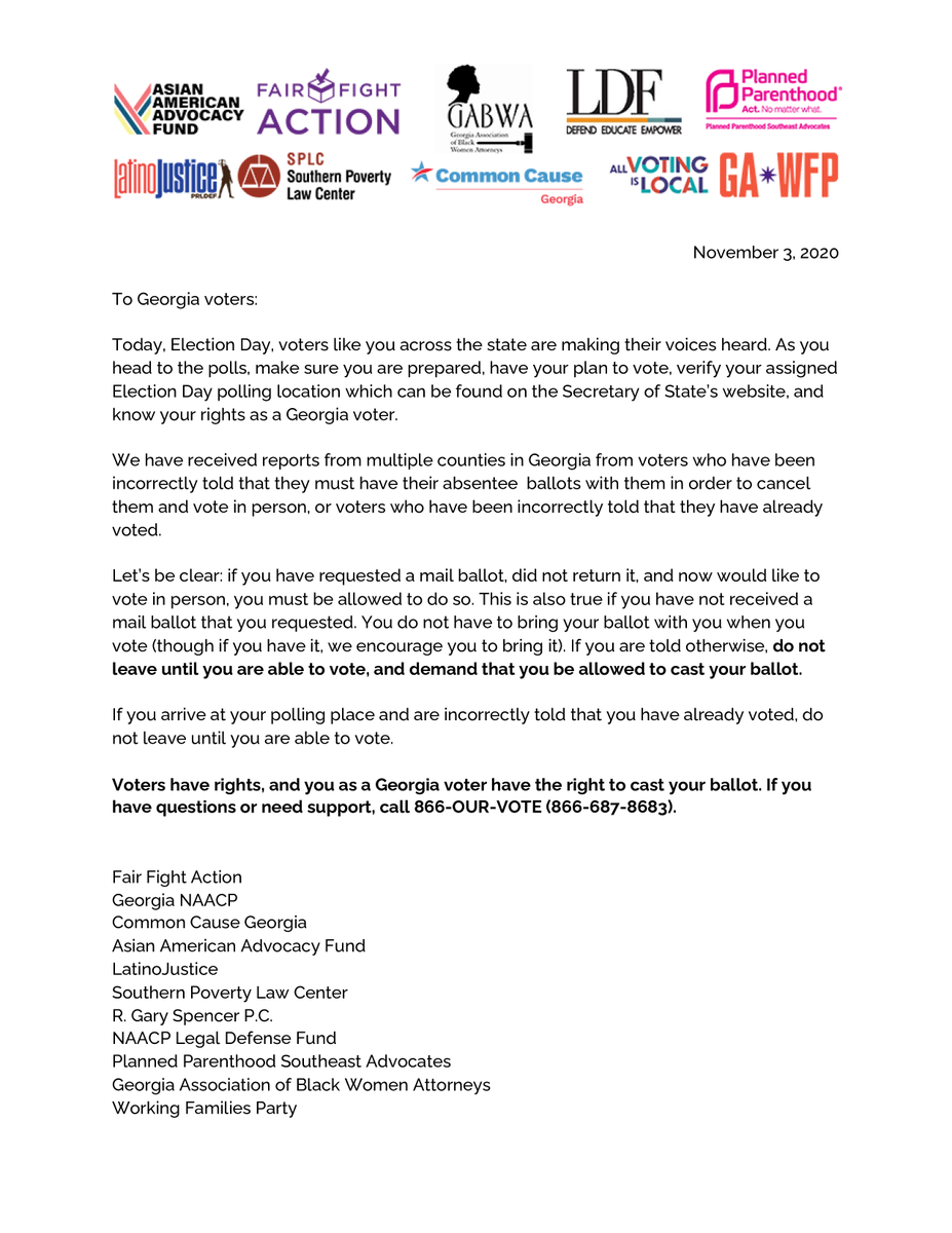 fairfightaction's tweet image. BREAKING: We have received reports from multiple counties in GA from voters who have been incorrectly told that they must have their absentee ballots with them in order to cancel them and vote in person. 1/2