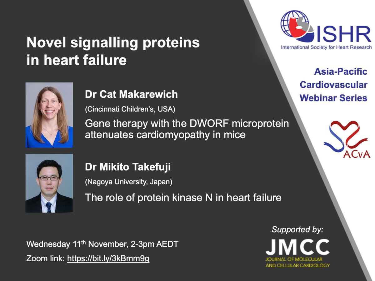Dr Kate Weeks (@k8weeks) on Twitter photo There will be no #ISHR webinar today.
Join us next week to hear from <a href="/CatMak23/">Cat Mak</a> & Mikito Takefuji
"Novel signalling proteins in heart failure"
Wed 11/11, 2pm AEDT (Tues in 🇺🇸)
Register bit.ly/3kBmm9g
<a href="/OzCvA/">ACvA</a> <a href="/JMCCardiology/">Journal of Molecular and Cellular Cardiology</a> <a href="/ISHR_NAS/">ISHR North American Section</a> <a href="/ECI_ISHR/">Early Career Investigators @ISHR North America</a> <a href="/ISHR_AUS/">ISHR Australasian Section</a> <a href="/WACRAadvocate/">WACRA</a> There will be no #ISHR webinar today.
Join us next week to hear from <a href="/CatMak23/">Cat Mak</a> & Mikito Takefuji
"Novel signalling proteins in heart failure"
Wed 11/11, 2pm AEDT (Tues in 🇺🇸)
Register bit.ly/3kBmm9g
<a href="/OzCvA/">ACvA</a> <a href="/JMCCardiology/">Journal of Molecular and Cellular Cardiology</a> <a href="/ISHR_NAS/">ISHR North American Section</a> <a href="/ECI_ISHR/">Early Career Investigators @ISHR North America</a> <a href="/ISHR_AUS/">ISHR Australasian Section</a> <a href="/WACRAadvocate/">WACRA</a>