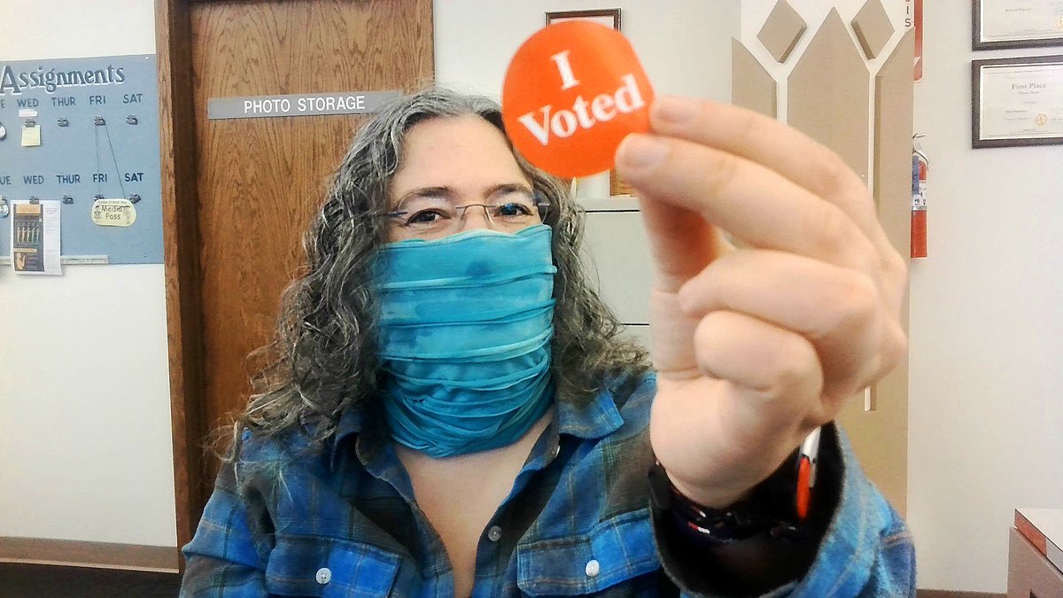 KellyHumphrey2's tweet photo. Obligatory photo with my "I Voted" sticker. I actually voted by mail earlier but I saved my sticker for the actual election day. #FavoriteElectionDayTradition #Election2020 https://t.co/y0SgvMuime