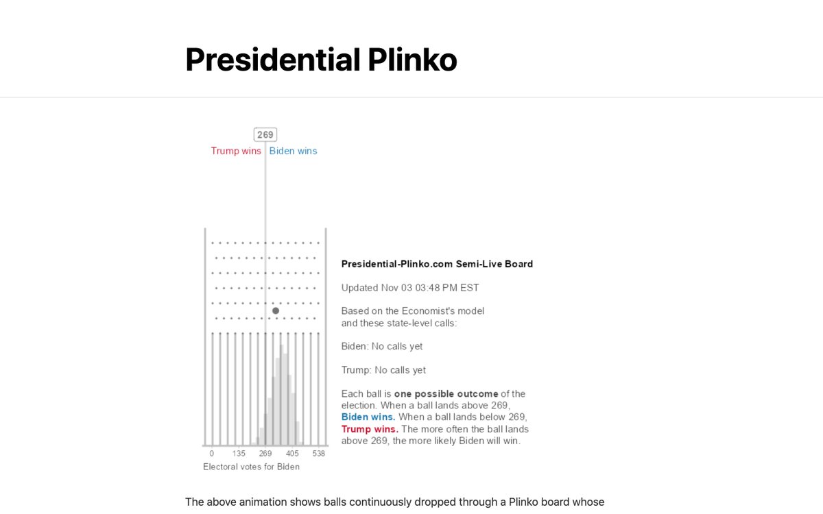 Three more: Election Night Integrity Project:  https://2020.dataforprogress.org/  Al Jazeera:  https://interactive.aljazeera.com/aje/live-results-us-election-day-2020 Presidential Plinko by  @mjskay:  http://presidential-plinko.com/ I'll be out for the next few hours () and will then extend this list with the sites by FT, Economist, etc