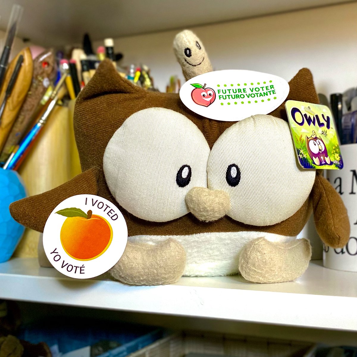 Owly and Wormy proudly display their “I voted, Yo voté” stickers from Atlanta, Georgia. Wormy’s sticker says “Future voter, Futuro votante.”