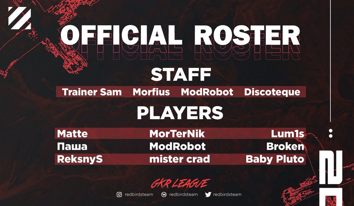 We are ready to announce our #ClashRoyale roster for <a href="/GkrLeagues/">GKR Leagues</a> S5!

STAFF:
👨‍💼 @TrainerSam7
👨‍💼 <a href="/MorfiusCR/">Robert</a>
👨‍💼 <a href="/ModRobotCR/">ModRobot</a>
🕵️‍♂️ <a href="/_discoteque/">ZØ Discoteque 🍥</a>

PLAYERS:
👤 <a href="/MatteCR_/">Matte™</a>
👤 <a href="/Krasik_cr/">Krasik.</a>
👤 <a href="/OpPluto/">Sviat</a>
👤 <a href="/ModRobotCR/">ModRobot</a>
👤 <a href="/mister_crad/">mister crad</a>
👤 <a href="/_Lum1s_/">Lum1s</a>
👤 <a href="/Brokenazaza/">BrokenCR</a>
👤 #MorTerNik
👤 #ReksnyS