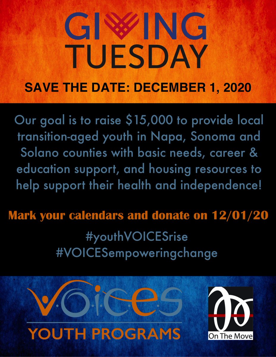 On Dec. 1st, we’re dedicating our #GivingTuesday efforts to raise $15K to provide vital support services &amp; individualized goal planning to transition-aged youth in Sonoma, Napa, and Solano Counties. Learn more at: voicesyouthcenter.org/giving-tuesday 

#youthVOICESrise #VOICESempoweringyouth