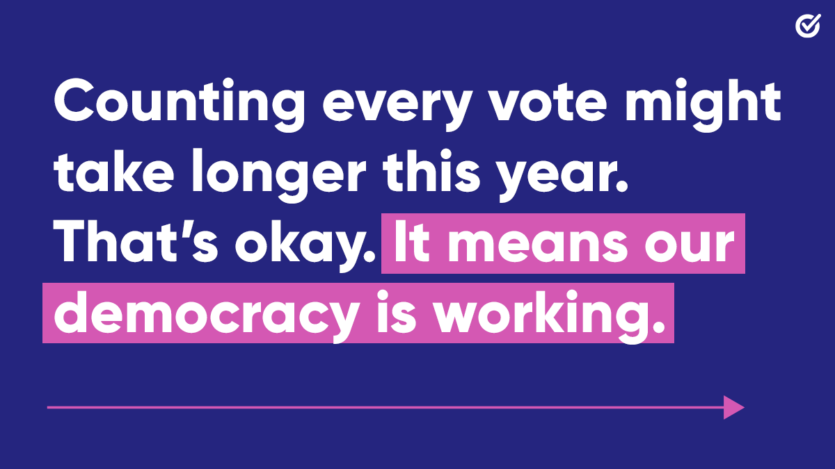 WhenWeAllVote's tweet photo. Every eligible voter should have their voice heard and their vote counted. 

When we take the time to count and verify every ballot, it’s a sign that our democracy is working. #CountEveryVote https://t.co/rhWAVw5Agz