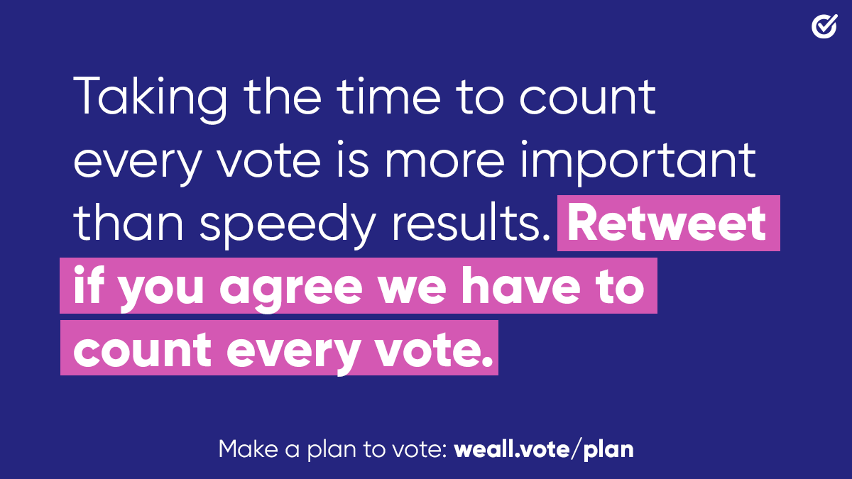 WhenWeAllVote's tweet photo. Every eligible voter should have their voice heard and their vote counted. 

When we take the time to count and verify every ballot, it’s a sign that our democracy is working. #CountEveryVote https://t.co/rhWAVw5Agz