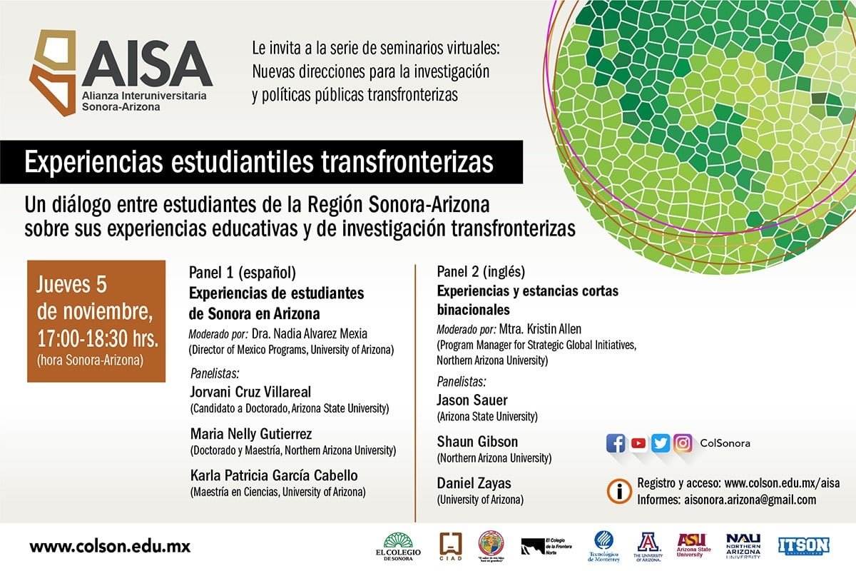 AMPEI1's tweet photo. #colsonora #arizona #AMPEI
Experiencias estudiantiles transfronterizas
Un diálogo entre estudiantes de la Región Sonora-Arizona
sobre sus experiencias educativas y de investigación transfronterizas.
Jueves 5 de noviembre 17:00-18:30 hrs.
Más informes: @ColSonora https://t.co/dn4LNsJbms