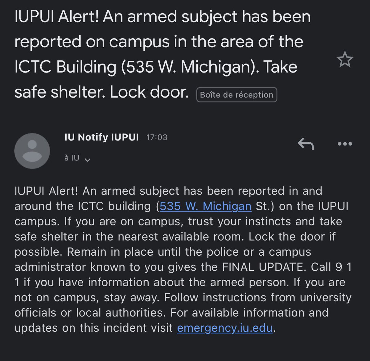 Please be aware and take cautious measures. If on campus, please stay away from IT. If you have any information about the suspect: CALL 911