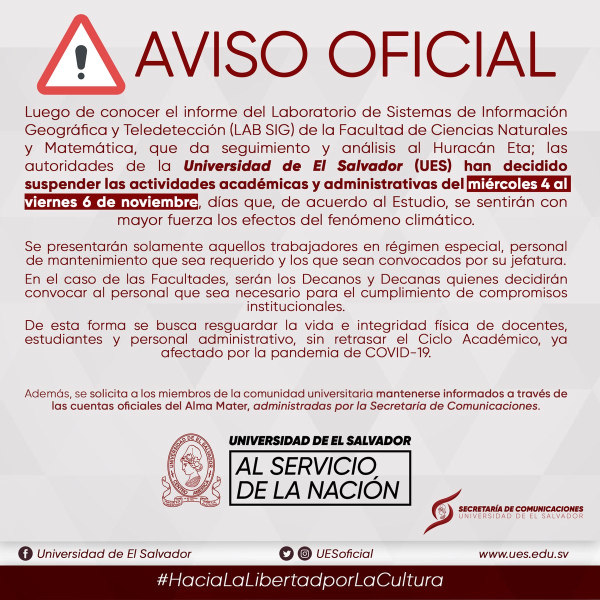 UESoficial's tweet photo. #AvisoUES⚠️
Basado en un estudio realizado por el Laboratorio de Sistemas de Información Geográfica y Teledetección de Facultad @CimatUes, la Universidad de El Salvador suspende actividades académicas y administrativas del miércoles 4 al viernes 6 de noviembre de 2020. https://t.co/X1AuGbFDRN