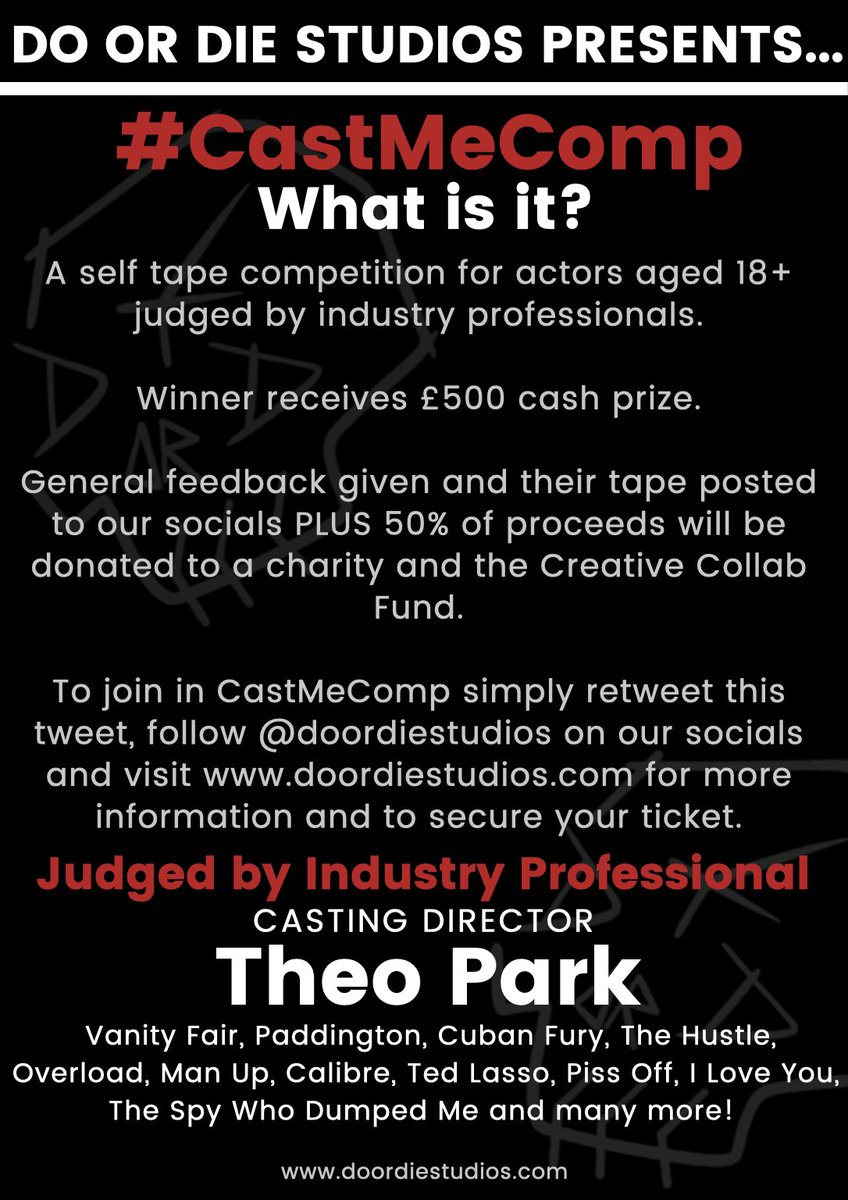 DoorDieStudios's tweet photo. Our next #CastMeComp will be judged by Casting Director THEO PARK (@TPcasting). Our ‘First to Know’ mailing list have grabbed the pre sale tickets but general sales are now available at https://t.co/wgDaJQC4tQ https://t.co/Ckdqg3AqQo