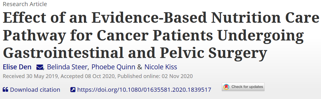 NicoleKKiss's tweet photo. Congratulations to oncology dietitian Elise Den @NutritionOncore on her new paper reporting the impact of an evidence-based nutrition care pathway in lower GI cancer surgery: https://t.co/9Mc8eiwyQW #dietitian #Cancer #nutrition @DeakinNutrition https://t.co/vohuFugj7G