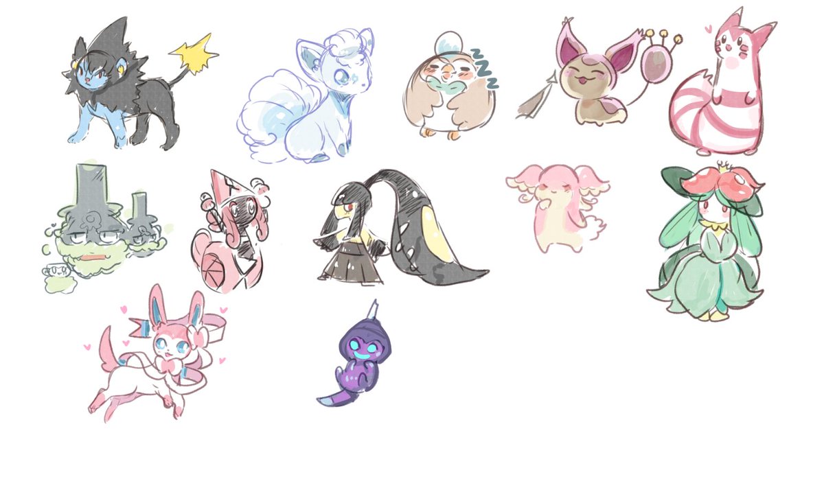 1st clip studio paing contest descardted idea (is possible i used at future)
2º doodle for a rpg group
3º doodle of situation of rpg group on zorua transform on my chracter
4º memory pokemon doodles