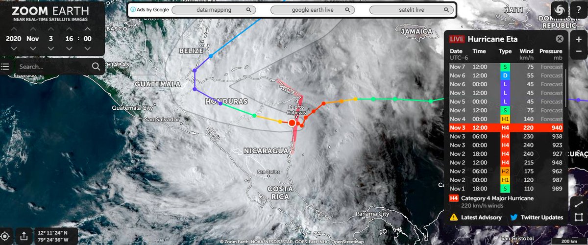 TizBreda's tweet photo. In little short of 24 hours, ETA has advanced little more than 100kms.

It is literally sitting on #Nicaragua's Atlantic coast, while not losing strength. https://t.co/6MVP8D0LPZ