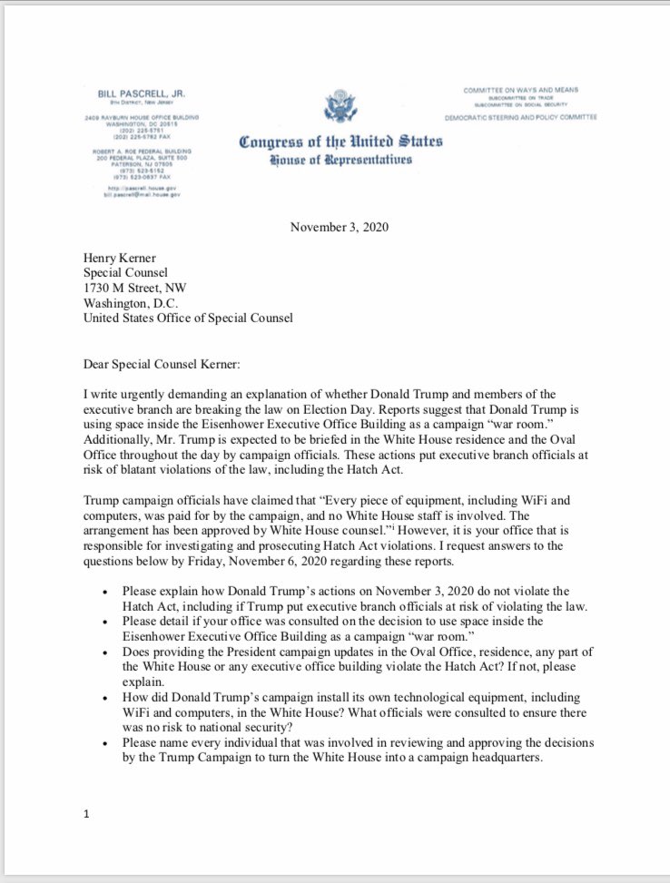 BillPascrell's tweet photo. 🚨🚨In response to reports trump is using the White House and Old Executive Office Building as a campaign command center and election day war room I’ve written tonight to the Special Counsel demanding an urgent probe of this latest trump lawbreaking. https://t.co/irvaM8K3nV