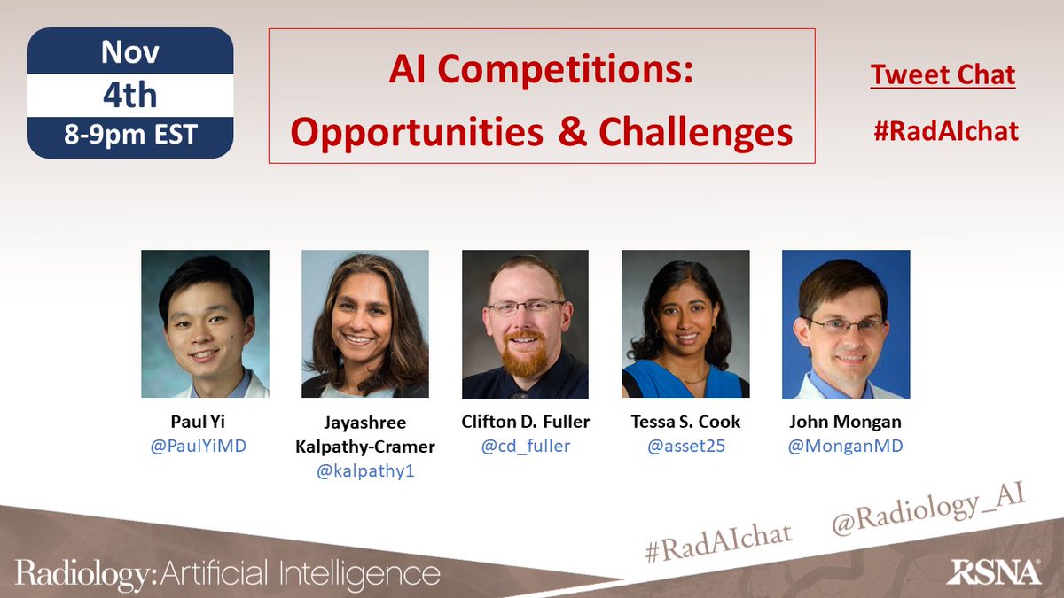 Radiology: Artificial Intelligence (@radiology_ai) on Twitter photo T -1 day: Don't miss the <a href="/Radiology_AI/">Radiology: Artificial Intelligence</a> #RadAIchat on #AI Competitions TOMORROW Wednesday at 8 PM ET, moderated by <a href="/PaulYiMD/">Paul Yi</a> and featuring <a href="/kalpathy1/">Jayashree Kalpathy</a> @cd_fuller <a href="/asset25/">Tessa S. Cook MD PhD CIIP FSIIM FCPP FAAR</a> <a href="/MonganMD/">John Mongan</a>. #DeepLearning #MachineLearning <a href="/cekahn/">Charles Kahn, MD</a> <a href="/DaniaDaye/">Dania Daye, MD PhD</a> <a href="/HElhalawaniMD/">Hesham Elhalawani</a> T -1 day: Don't miss the <a href="/Radiology_AI/">Radiology: Artificial Intelligence</a> #RadAIchat on #AI Competitions TOMORROW Wednesday at 8 PM ET, moderated by <a href="/PaulYiMD/">Paul Yi</a> and featuring <a href="/kalpathy1/">Jayashree Kalpathy</a> @cd_fuller <a href="/asset25/">Tessa S. Cook MD PhD CIIP FSIIM FCPP FAAR</a> <a href="/MonganMD/">John Mongan</a>. #DeepLearning #MachineLearning <a href="/cekahn/">Charles Kahn, MD</a> <a href="/DaniaDaye/">Dania Daye, MD PhD</a> <a href="/HElhalawaniMD/">Hesham Elhalawani</a>