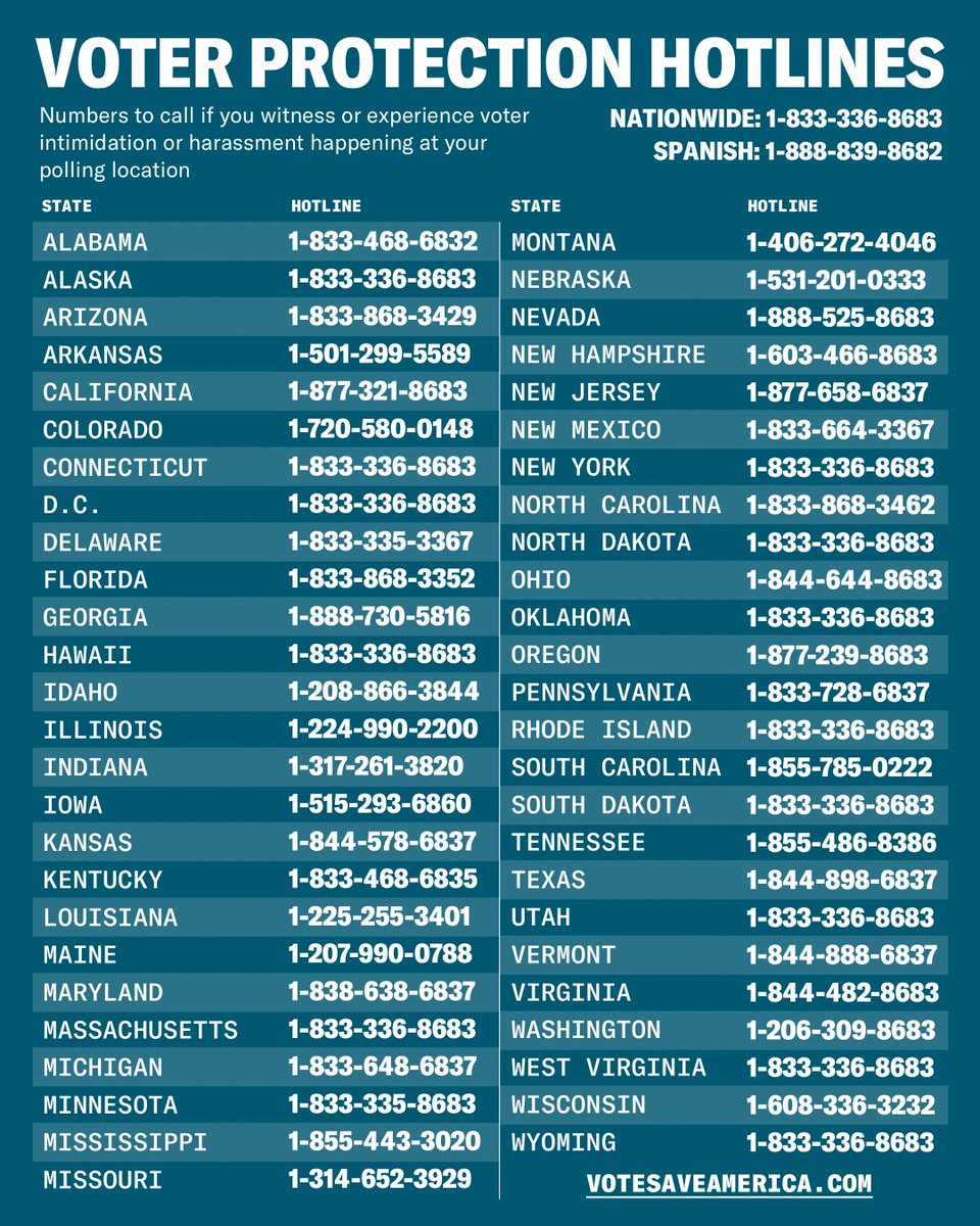 ChangeCenterCLS's tweet photo. For more information about how to vote or how to track your ballot, visit https://t.co/gsNgAFnu0g. If you witness or experience voter intimidation or harassment happening at your polling location - reach out to your state voter protection hotline for assistance https://t.co/E6TWjtEg39