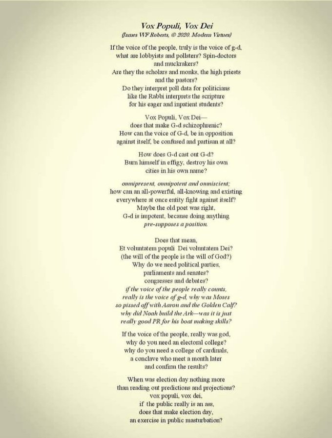 #voxpopulivoxdei #voiceofthepeopleisvoiceofgod #politics #politicalpoetry #meditations #newbookalert🚨 #newpoems #newpoemscomingsoon #newcollection2020 #democracy #election2020 #trump2020 #biden2020 #redwolfpressaustralia #jameswfroberts