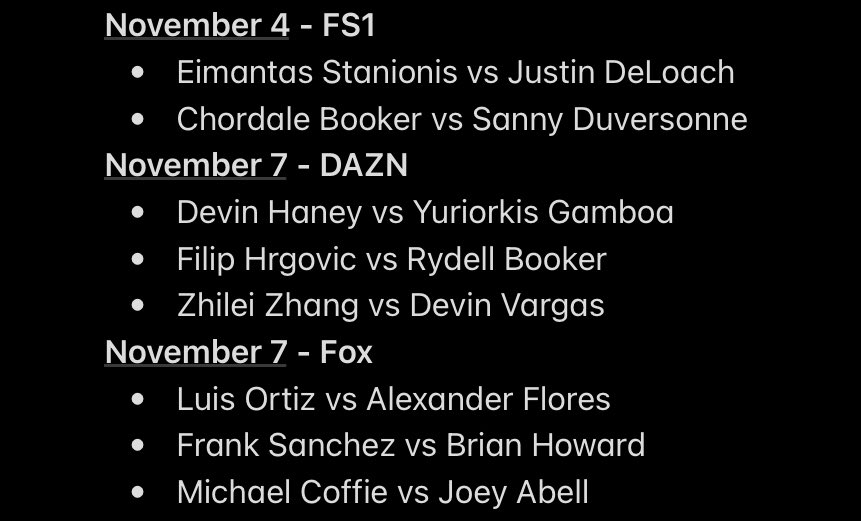 rangerrollins's tweet photo. 🥊 THIS WEEK’S BOXING 🥊
TOMORROW, NOV 4 #PBConFS1
👊: #StanionisDeLoach
🕗: 8PM ET/5PM PT
📺: @FS1
SATURDAY, NOV 7 #WBCTitle🔰
👊: #HaneyGamboa
🕖: 7PM ET/4PM PT
📺: @DAZNBoxing
SATURDAY, NOV 7 #PBConFOX
👊: #OrtizFlores
🕗: 8PM ET/5PM PT
📺: @PBConFOX https://t.co/GJBYVIiNl1