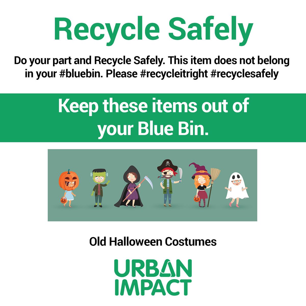 Please don’t put old Halloween 🎃 costumes in your blue bin.  Often made of plastic, Halloween costumes can damage recycling equipment.  They also fill up the landfill. You can upcycle! Try making your own or buying a costume at a thrift store! #recyclingitright #recyclesafely