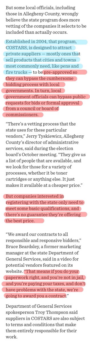 A "little known" purchasing program in PA called COSTARS allows companies to basically get on an "approved" list. So they don't need to go through a bidding process in order to get a govt contract.Theres no vetting/approval required, just good legal standing. Then they're "in".