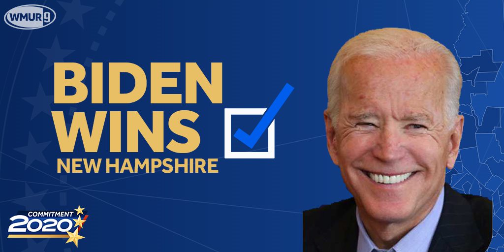 WMUR9's tweet photo. BREAKING: Democratic presidential candidate Joe Biden has won the state of New Hampshire, earning 4 electoral votes, ABC News, AP reports. #wmur #nhpolitics #FITN https://t.co/j0dlyJJaJh