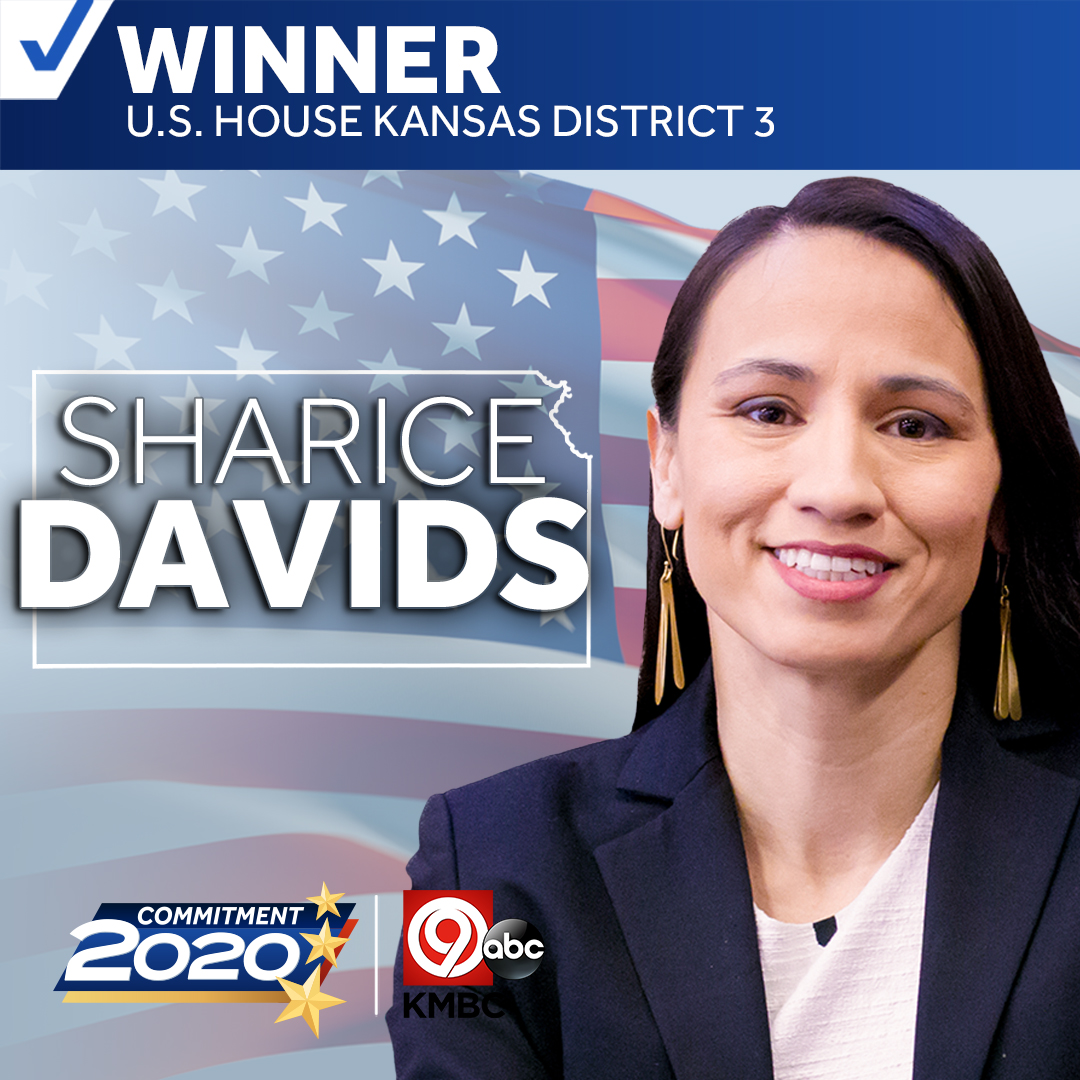 kmbc's tweet photo. DAVIDS WINS:
🗳️✔️ As expected, the Associated Press is reporting Democrat Sharice Davids will retain the Kan 3rd District with a win over Republican Amanda Adkins. https://t.co/VVyp7dMret #election #elections #electionnight #commitment2020 #ks #kansas #ksvotes https://t.co/9v6PspKTYc
