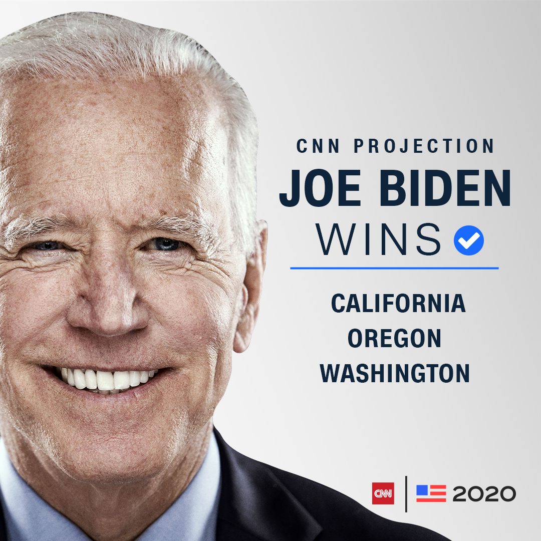 CNN's tweet photo. CNN PROJECTION: Joe Biden wins California, Oregon and Washington.

Donald Trump wins Wyoming https://t.co/7yqURmieAf #CNNElection https://t.co/Mwwb62yRjJ