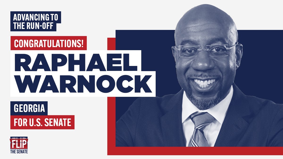 Congratulations to @ReverendWarnock and his historic movement for change in Georgia! The fight is NOT over yet. We can still #FlipTheSenate in Georgia and elect a representative who will work for the people, not a corrupt president! #GASen #Election2020