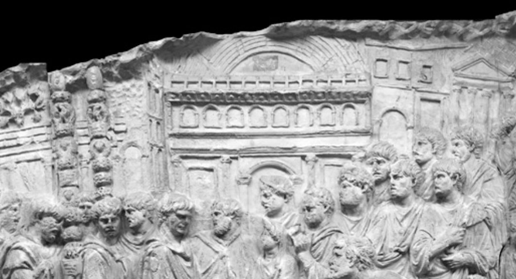 Scene 86 portrays Trajan making a “sacrifice against the backdrop of a town” to the gods [1]. The elaborate civil architecture and elegant theatre in the background is notable, highlighting how towns that supported Trajan and his way of life could be similarly prosperous.