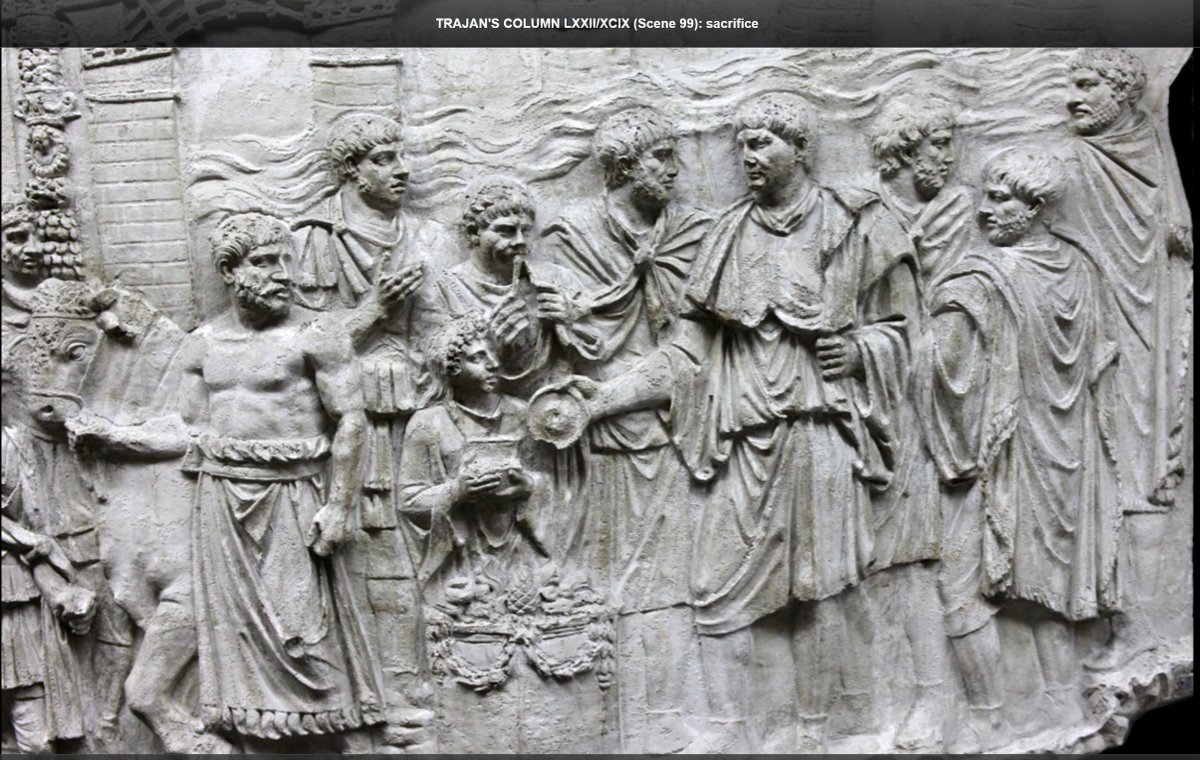 Scene 98-99 display the Danube bridge and Trajan “conduct[ing] the initial libation at a garlanded altar for the sacrifice of a bull” [2]. It is possible that the bridge in the backdrop is intended to show his achievement of constructing infrastructure with exceptional technique.