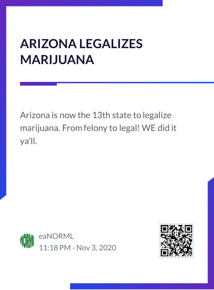 NORML's tweet photo. ARIZONA LEGALIZES MARIJUANA Arizona is now the 13th state to legalize marijuana. From felony to legal! WE did it ya'll. via @24liveblog https://t.co/mxmg1b7awB https://t.co/XcBolSN6gm