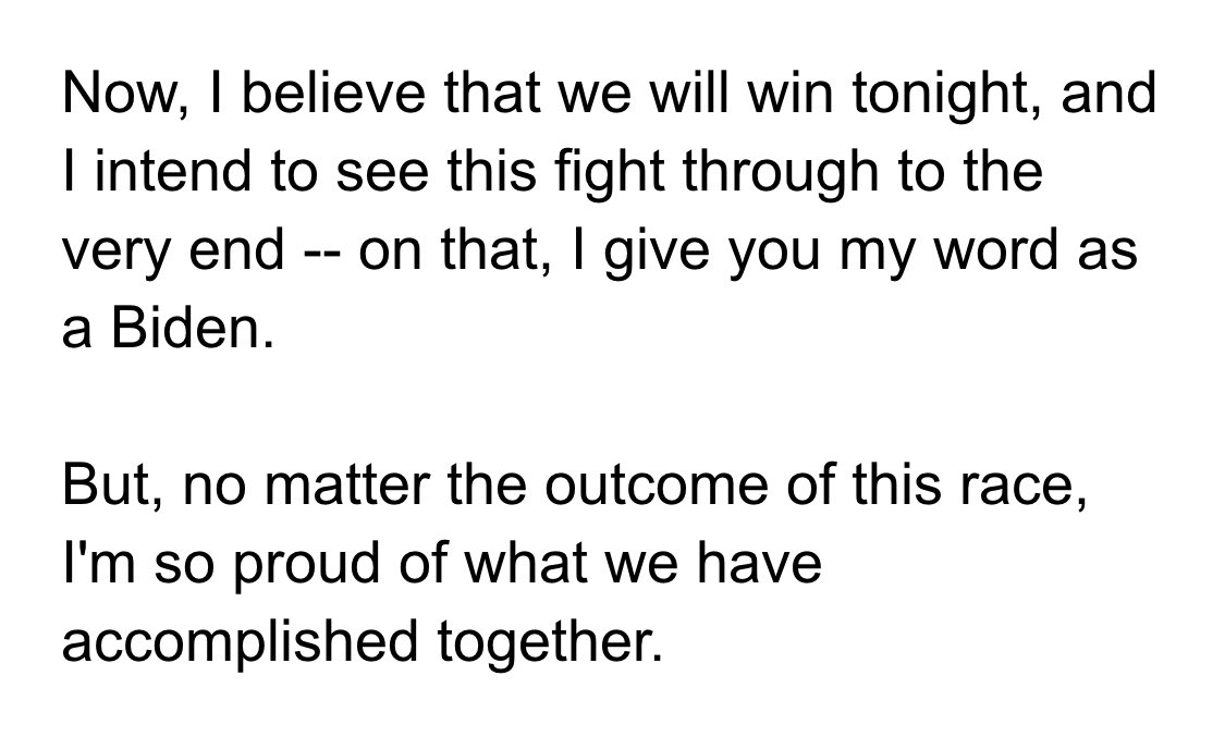 31/ Assez curieux ce message de  #Biden envoyé à ses partisans vers vers 21h aux US.“Je crois que nous allons l’emporter ce soir. J’entends mener la bataille jusqu’à la toute fin...Mais peu importe l’issue. Je suis très fier de ce qu’on a accompli ensemble.” #ElectionNight  