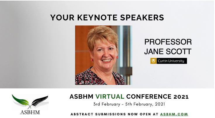 *Introducing one of our keynotes speakers at ASBHM 2021*
Professor Jane Scott (<a href="/JaneSco55859330/">Prof Jane Scott</a>) from the School of Public Health at Curtin University (<a href="/CurtinUni/">Curtin University</a>). Read more about Professor Scott at asbhm2021.asbhm.com/speakers/profe…

#ASBHM2021 #virtualconference #healthpsychology