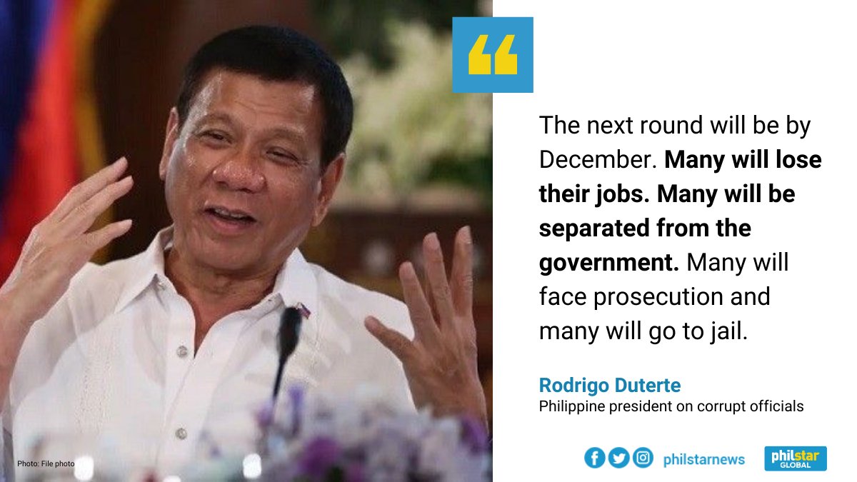 President Duterte warns that a lot of corrupt officials will lose jobs by December.In the past, Duterte defended or reappointed officials accused of corruption.Read:  https://www.philstar.com/headlines/2020/11/04/2054483/duterte-many-corrupt-officials-lose-jobs