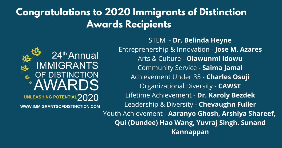 Congratulations to all our IDA finalists on being a champion for diversity and to all our IDA winners on your official 2020 Immigrants of Distinction award title!

We thank you for your continued support!

#IDA2020 #diversity #leader #inclusion #immigration #BLM #yycimmigrants