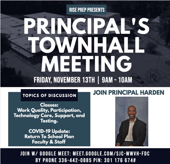 Hey RISE Family!! Join Principal Harden for this month’s VIRTUAL Town Hall Meeting! The meeting will take place next Friday at 9am. See you there! #AboveAllElseWeRISE #CharterSchool #GACharterStrong #RISEUP #EastPoint #School #Scholar #Student #Parent #Community #Involvement