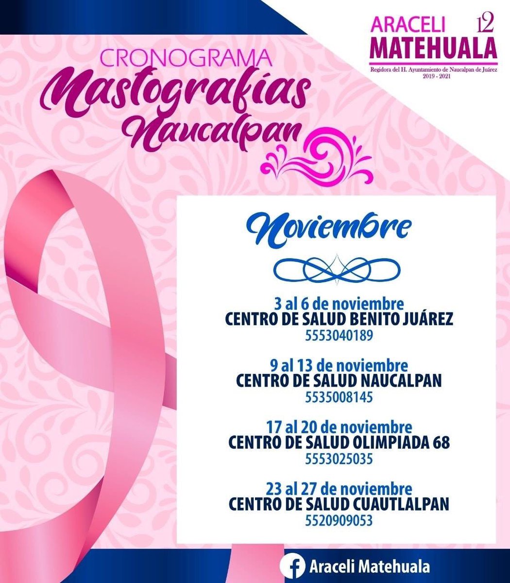 ara_matehuala's tweet photo. Hoy empieza a dar servicio el #Mastógrafo en el Centro de Salud Benito Juárez. También estará en Naucalpan Centro, la Olimpiada 68 y San Francisco Cuautlalpan durante #noviembre.
⏰El horario es de 10 am. a 2 pm.
🌷No dejes de atenderte🌷
#la12teinforma #la12portuSalud https://t.co/U4RVvNg0Gy