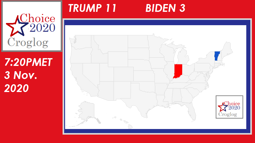 mychiller's tweet photo. NBC news and the AP called Vermont for Biden 
map updated 
Trump 11  Biden 3  #Choice2020  #ElectionNight https://t.co/0HTfegpAjq