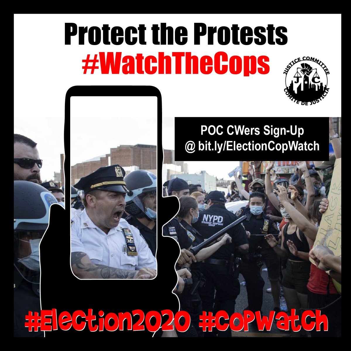 watchthecops's tweet photo. Lots of uncertainty, but no matter what, NYers will hit the streets. We expect #NYPD violence/repression of protests. Join us to protect the protests through #CopWatch. Sign-up here: https://t.co/RTjv6qzOeo #Election2020 #WatchTheCops https://t.co/VDhQlhnIbY