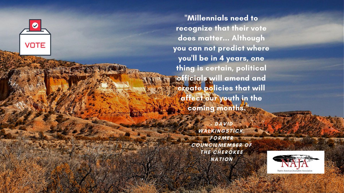 naja_ou's tweet photo. "It's crucial that we continue to educate our youth to vote and seek leadership in tribal or state political positions." - David Walkingstick, former Councilmember of the Cherokee Nation. 

Polls in Oklahoma will be shutting down in about 30 minutes, VOTE! VOTE! VOTE! #Vote2020 https://t.co/uK9oJRqHNI
