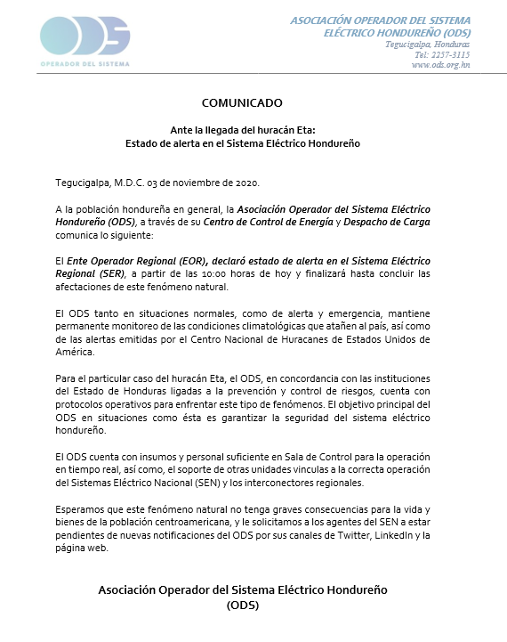 CNDHonduras's tweet photo. #ODSInforma: Ante la llegada del #HuracanEta: Estado de alerta en el Sistema Eléctrico Hondureño https://t.co/yvjkfihBnw