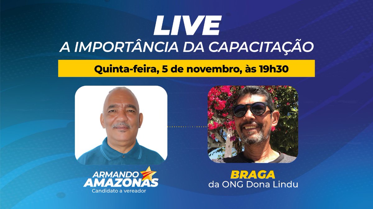 ArmandoAmazonas's tweet photo. Convido todos para a minha live de quinta-feira, às 19h30. Terei o prazer de conversar com Braga, da ONG Dona Lindu, sobre desemprego, capacitação, meio ambiente e diversos assuntos. Acompanhe, no meu facebook! 

#DuquedeCaxiasrj  #Debate #Live #capacitação #ongdonalindu #Braga https://t.co/rWgvXEsfrB