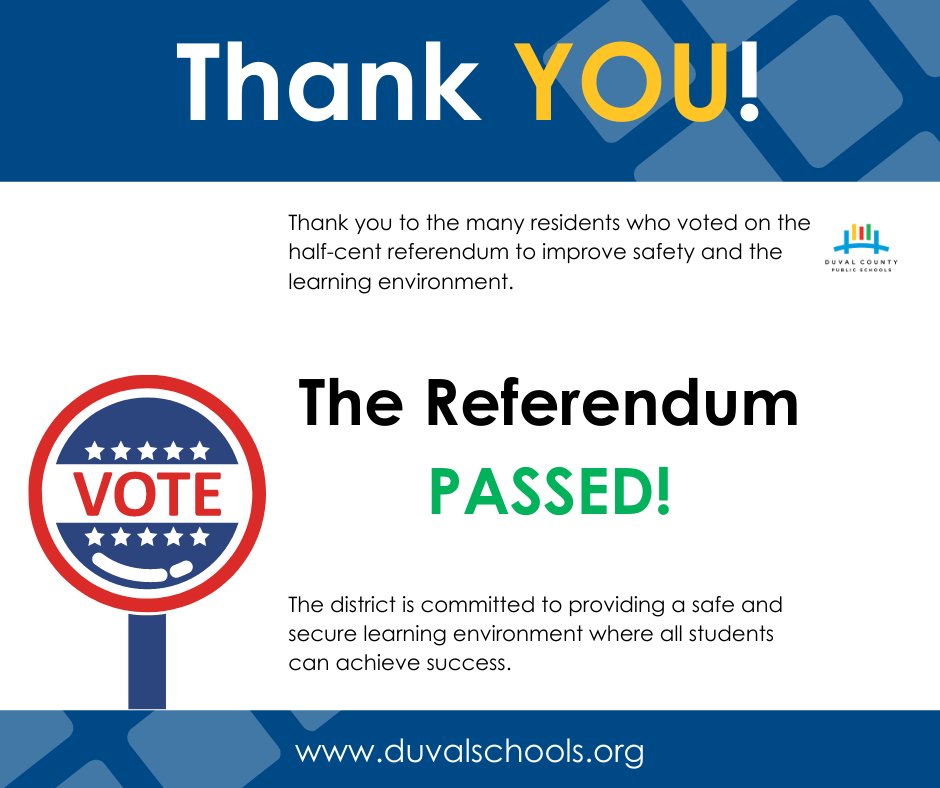 DuvalSchools's tweet image. Thank you to the many residents who voted on the half-cent referendum to improve safety and the learning environment. The district is committed to providing a safe and secure learning environment where all students can achieve success.