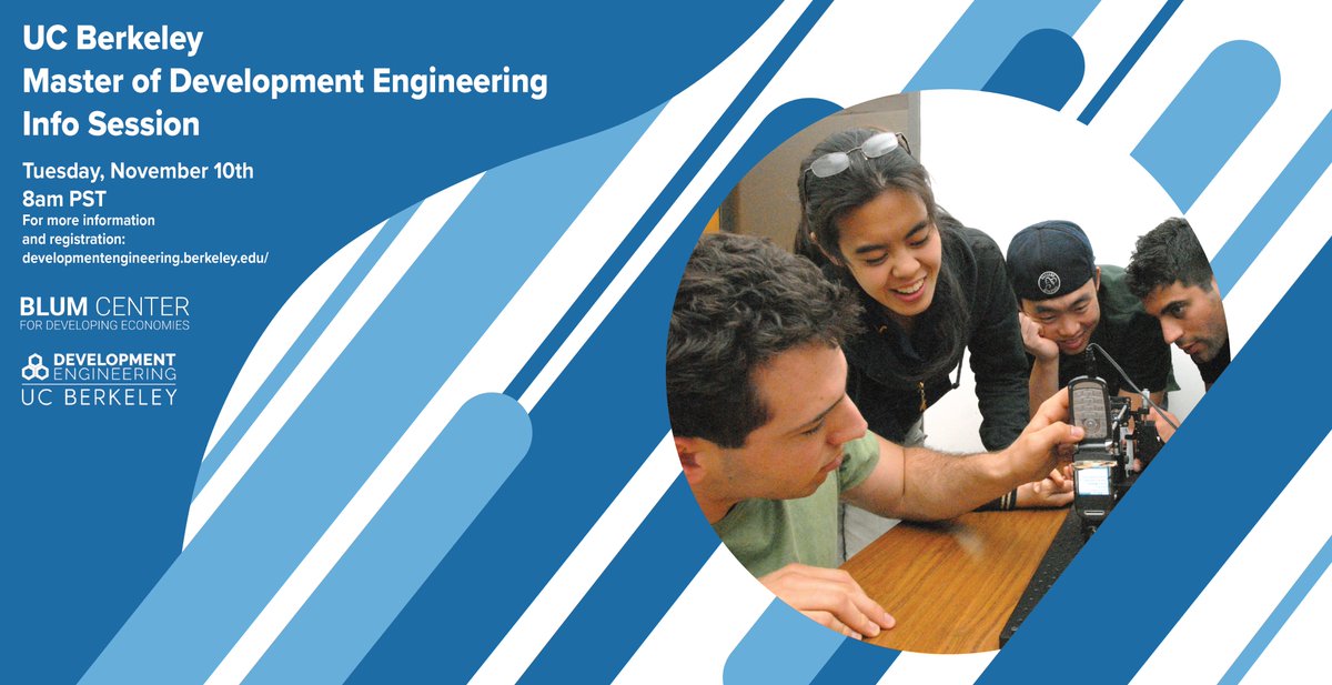 agogino's tweet photo. Technology plus sustainable development to change the world. Apply now to @UCBerkeley’s new Master of Development Engineering degree in Fall 2021! More at infosession on Nov. 10th at 8:00 am PST. #deveng, https://t.co/xHO8O8f7v5 https://t.co/mZ6jjOHUBs