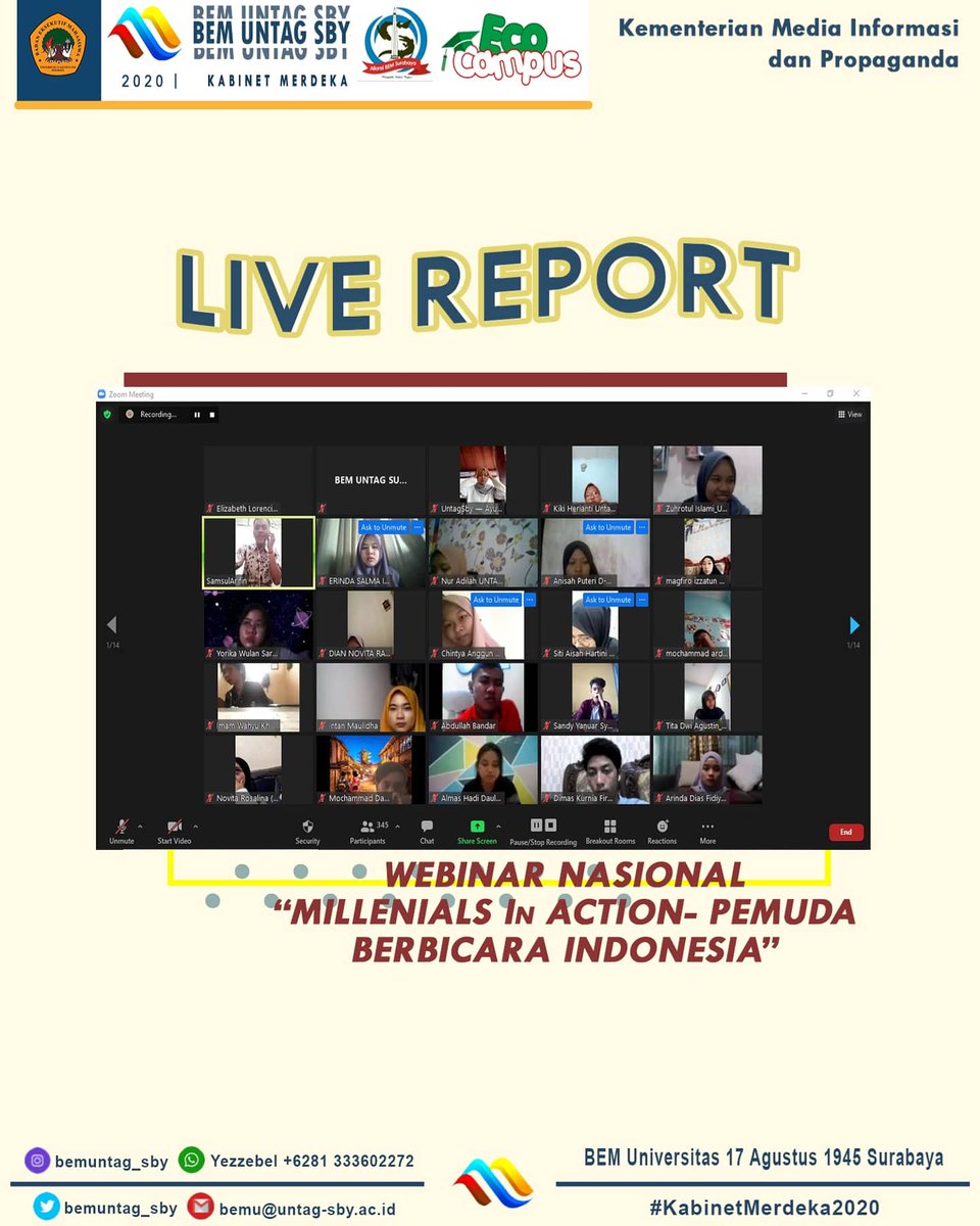 [LIVE REPORT : WEBINAR NASIONAL MILLENIALS IN ACTION]

Salam Mahasiswa !

Hallo, Tepat tanggal 30 Oktober 2020 Kemarin telah berlangsung Serangkaian acara dari Untag Nasional Daring Festival 2020 - Webinar Nasional Millenials In Action "Pemuda Berbicara Indonesia".